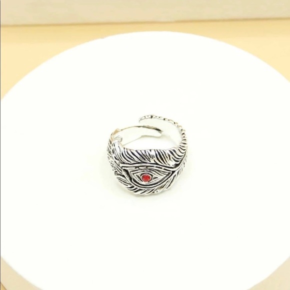 Silver Feather Red Crystal Evil Eye Ring - Picture 6 of 15